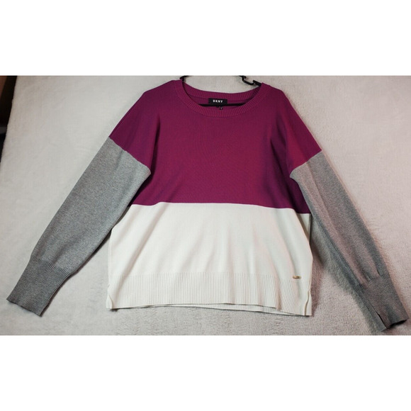 DKNY Sweater Womens‎ Size Large Purple White Gray Viscose Long Sleeve Round Neck - Picture 1 of 10
